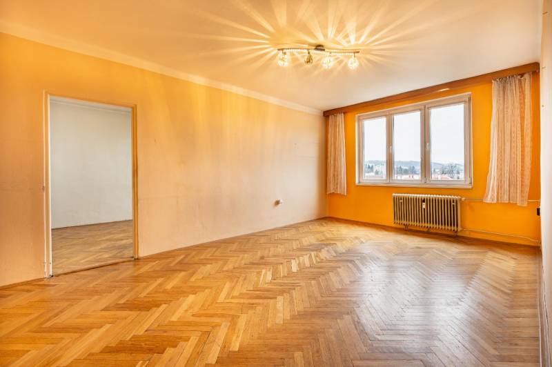 2-Zimmer-Wohnung mit Holzboden und großem Fenster, orange Wände.