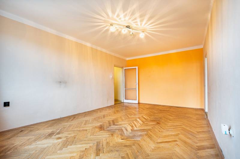 Wohnzimmer mit Holzboden und orangefarbener Wand in einer Zweizimmerwohnung.