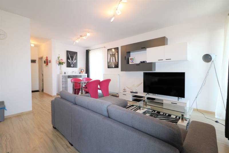 Wohnzimmer in einer Zweizimmerwohnung mit grauem Sofa, Holzboden und Fernseher.