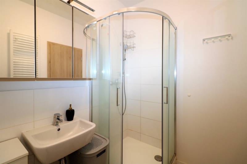 Badezimmer mit Waschbecken, Duschkabine und Spiegelschrank in einer 2-Zimmer-Wohnung.