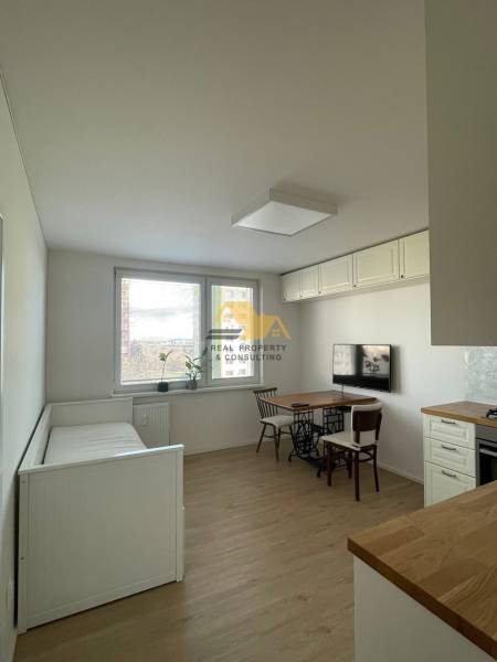 Innenraum einer Einzimmerwohnung mit Holzboden und minimaler Einrichtung.