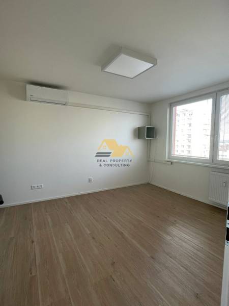 Ein Zimmer mit weißen Wänden und einem Boden in Holzoptik in einer Einzimmerwohnung.