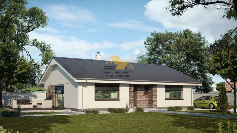 Ein Einfamilienhaus mit Terrasse in Nové Zámky, eine von Bäumen umgebene Straße, ein grünes Auto.