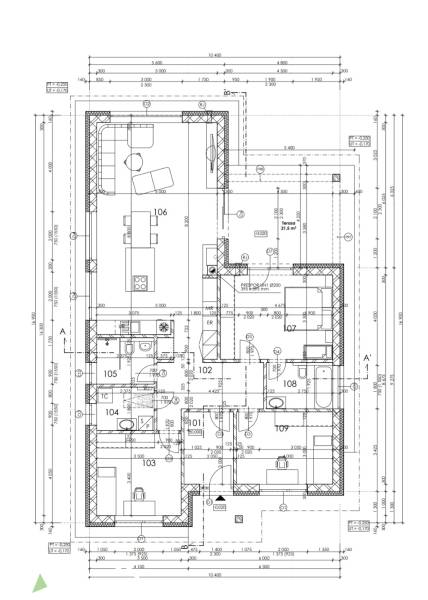 Pôdorys Rodinného domu v Pavliciach s detailmi izieb a rozmiestnením nábytku.

Grundriss des Einfamilienhauses in Pavlice mit Details der Zimmer und Anordnung der Möbel.