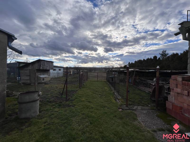 Blick auf den Garten eines Einfamilienhauses in Zbehy mit bewölktem Himmel und Wirtschaftsunterständen.