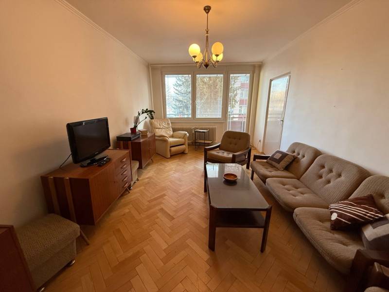 Wohnzimmer in einer 3-Zimmer-Wohnung mit Sofa, Fernseher und Holzboden.