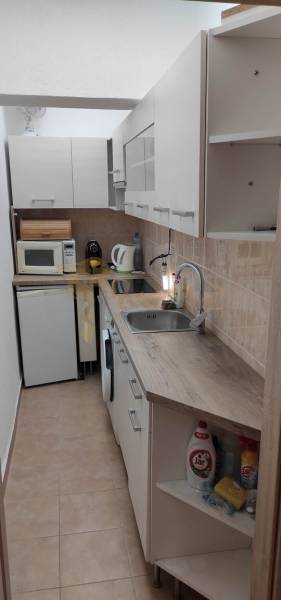 Eine schmale Küche in einer Einzimmerwohnung mit Küchenzeile, Geräten und Aufbewahrungsschränken.