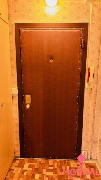 Eingangstür zur 2-Zimmer-Wohnung mit Holzdekor auf dem Boden.