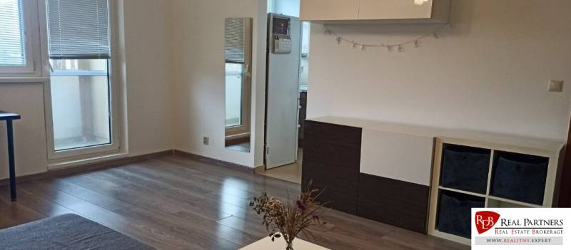 Wohnzimmer in einer 2-Zimmer-Wohnung mit Holzboden und Möbeln.