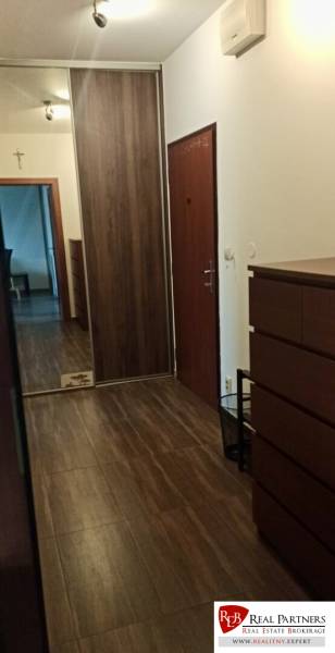 Der Flur in der 2-Zimmer-Wohnung mit einem Boden in Holzoptik, einem Einbauschrank und einem Spiegelelement.