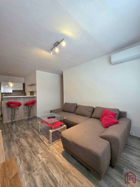 Wohnzimmer einer Zweizimmerwohnung mit dunklen Möbeln und einem Boden in Holzoptik.