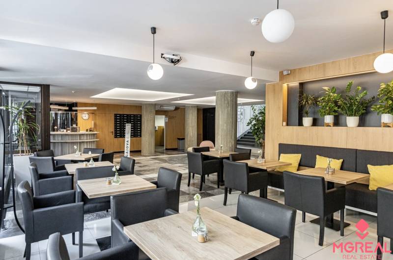 Büros mit Holzboden, Tischen, schwarzen Stühlen und Pflanzen in Bratislava.