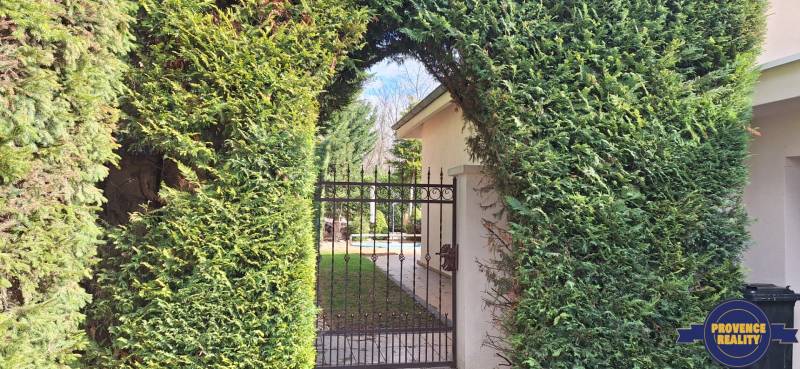 Eine Hecke mit einem Tor in einem Einfamilienhaus in Komárno führt in den Garten.