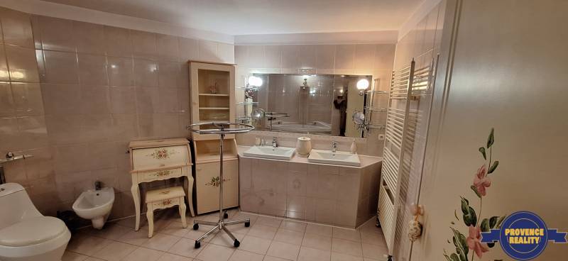 Ein Badezimmer in einem Einfamilienhaus mit zwei Waschbecken, einem Spiegel und verzierten Möbeln.