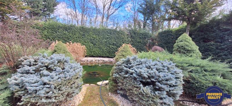 Ein Einfamilienhaus in Komárno mit einem Teich und Ziersträuchern im Garten.