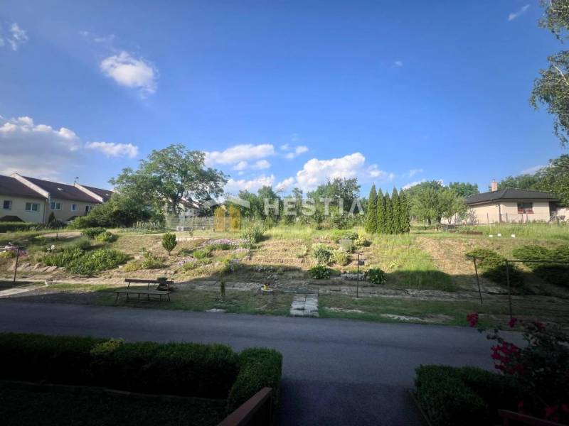 Ein ruhiger Garten mit einer Bank und Grünflächen bei einer 3-Zimmer-Wohnung in Moravské Lieskové.