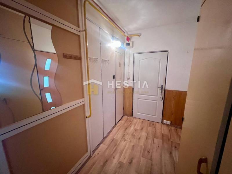 Flur in einer 3-Zimmer-Wohnung mit Holzboden, Spiegel und Einbauschrank.