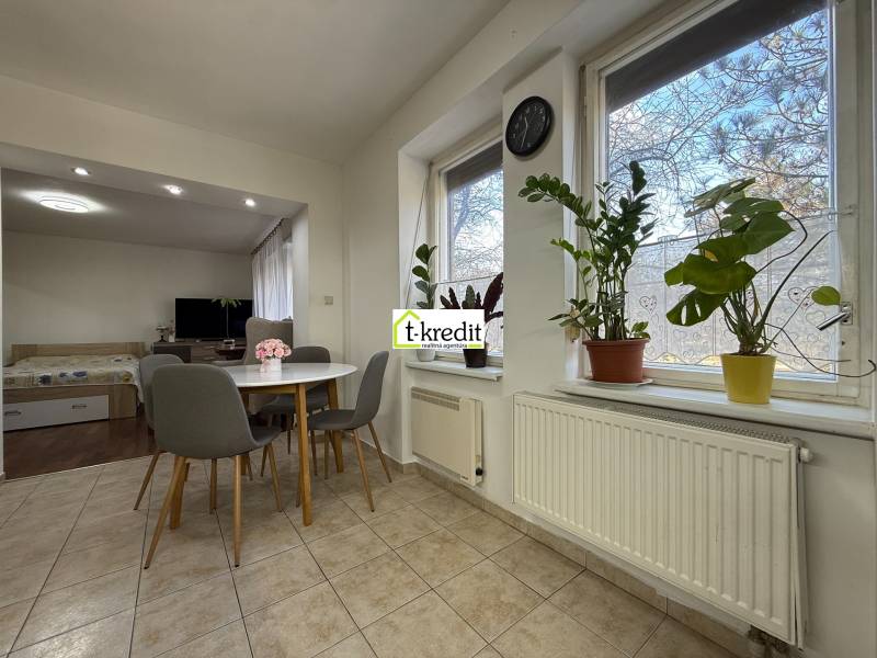 Esszimmer in einer 2-Zimmer-Wohnung mit Zimmerpflanzen und einem runden Tisch.