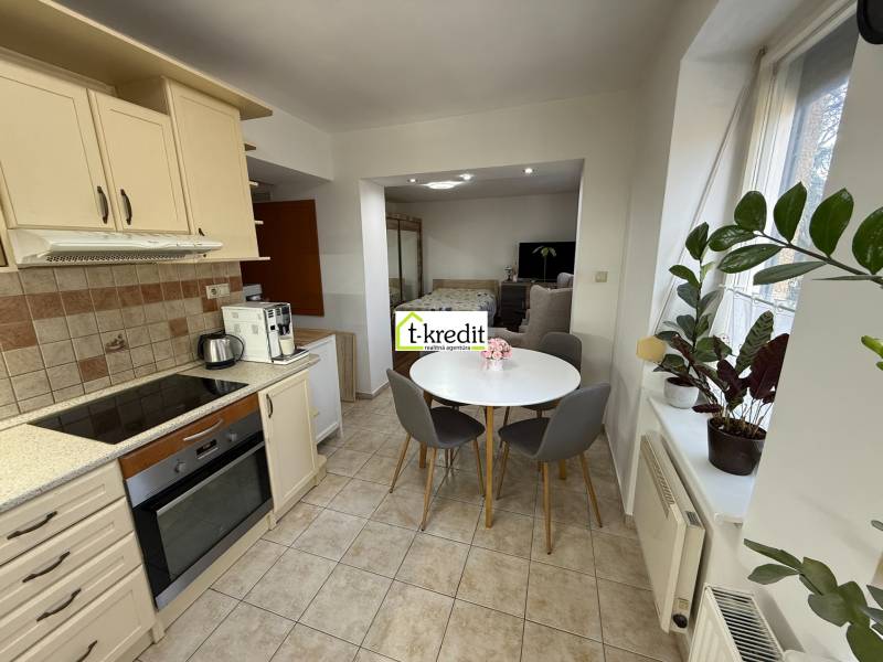 Küche in einer 2-Zimmer-Wohnung mit rundem Tisch, Pflanzen und Geräten.