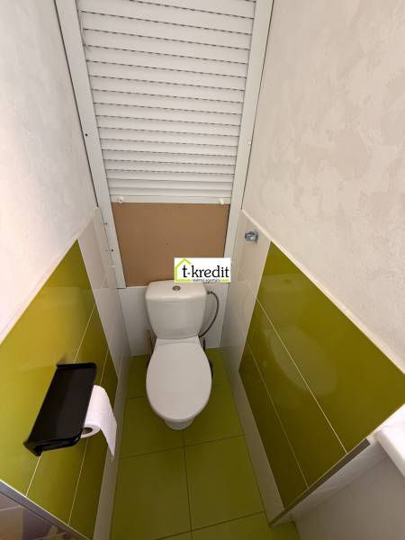 Badezimmer in einer 2-Zimmer-Wohnung mit grünen Fliesen und Toilette.