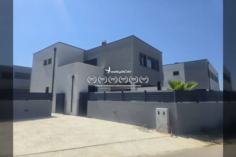 Eine Villa in der Straße Zukve in Vrsi mit moderner Architektur und einer Palme im Hof.