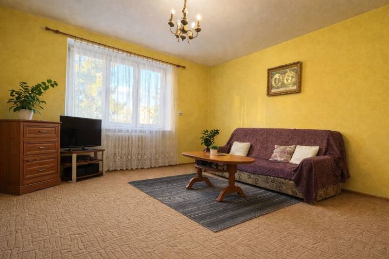 Wohnzimmer in einer Zweizimmerwohnung, mit gelben Wänden, Teppichboden und Möbeln.