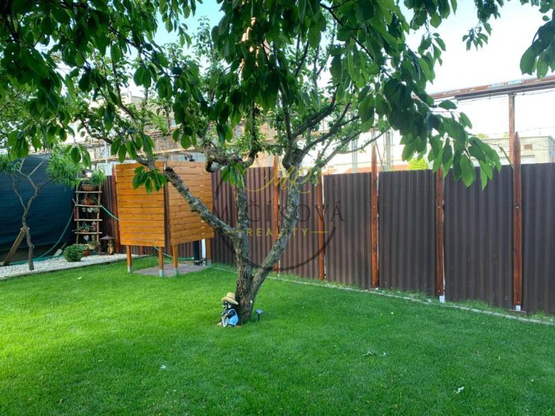 Gärten in Dolné Krškany, Nitra, mit Rasen, Baum, kleinem Holzhaus und Zaun.