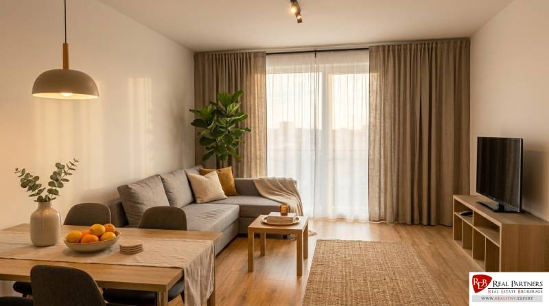 Wohnzimmer in einer 2-Zimmer-Wohnung mit Holzboden.