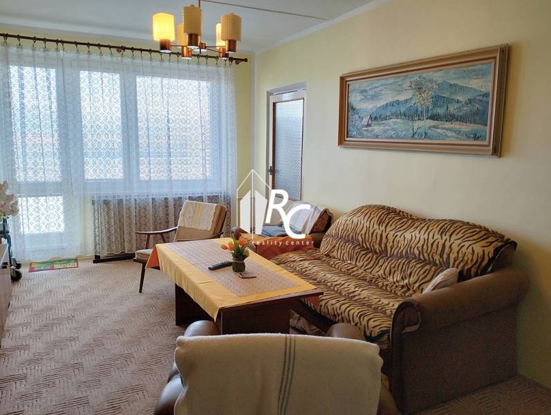 Wohnzimmer mit Sofa, Sessel und Tisch in einer 2-Zimmer-Wohnung mit großem Fenster.