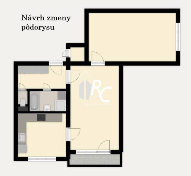 Entwurf einer Grundrissänderung für eine 2-Zimmer-Wohnung mit hervorgehobenem Badezimmer und Küche.