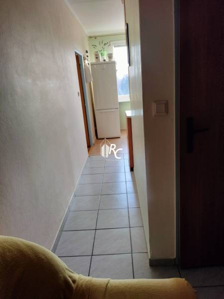 Flur mit Kühlschrank in einer 2-Zimmer-Wohnung, Fliesenboden, helle Wände.