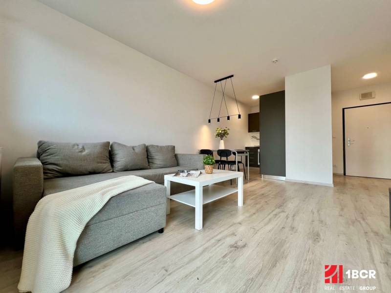 Wohnzimmer mit Holzboden, Sofa und Esstisch in einer Zweizimmerwohnung.