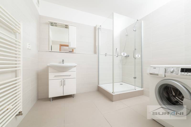 Badezimmer in einer 3-Zimmer-Wohnung mit Waschbecken, Dusche und Waschmaschine.