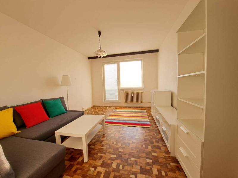 Wohnzimmer in einer 2-Zimmer-Wohnung mit einem Sofa, weißen Möbeln, bunten Kissen und einem Boden in Holzoptik.