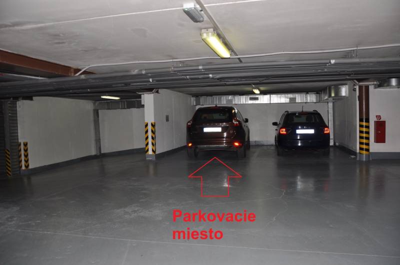 Tiefgarage mit geparkten Autos und einem freien Parkplatz, der mit einem roten Pfeil markiert ist.