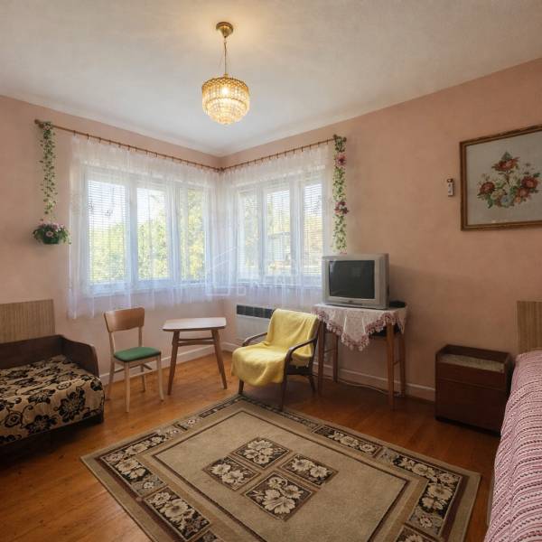 Wohnzimmer in einem Einfamilienhaus mit Teppich, Fernseher und Boden in Holzoptik.