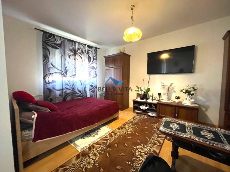 Einzimmerwohnung mit Bett, Fernseher und Holzboden.