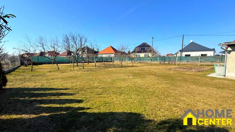 Der Garten des Einfamilienhauses in Zemianska Olča mit Rasen und Obstbäumen.