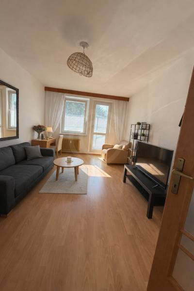 Wohnzimmer in einer 3-Zimmer-Wohnung mit Holzboden und bequemen Möbeln.