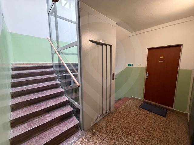 Im Wohnhaus befinden sich Treppen, ein Aufzug und die Tür einer 3-Zimmer-Wohnung.