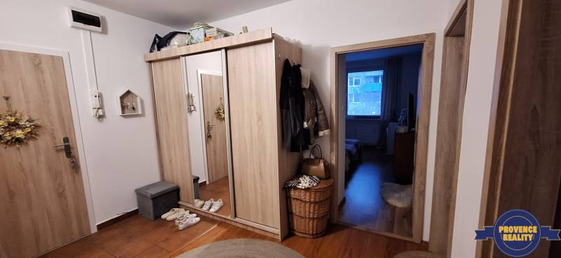 Eingangsbereich einer 4-Zimmer-Wohnung mit Holzboden, Spiegel und Stauraum.