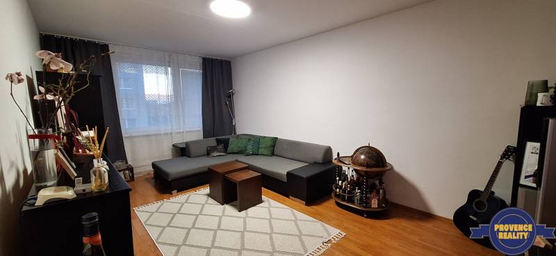 Wohnzimmer in einer Vierzimmerwohnung mit Holzboden, Sofa und dekorativem Globus.