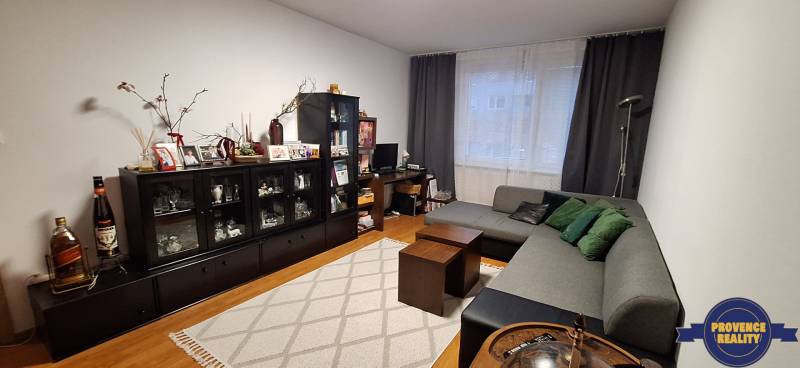 Wohnzimmer einer 4-Zimmer-Wohnung mit Sofa, Aufbewahrungsschränken und Boden in Holzoptik.