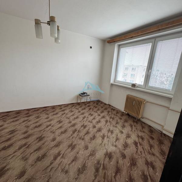 Ein Zimmer in einer Einzimmerwohnung mit einem Fenster, weißen Wänden und einem Boden in Holzoptik.