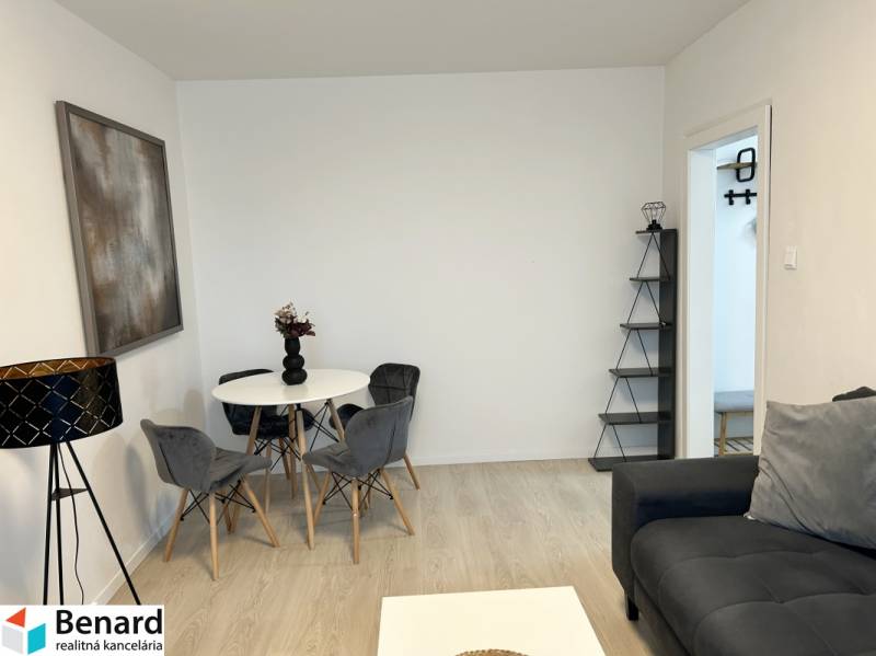 Wohnzimmer in einer 2-Zimmer-Wohnung mit Holzboden, grauem Sofa und Esstisch.