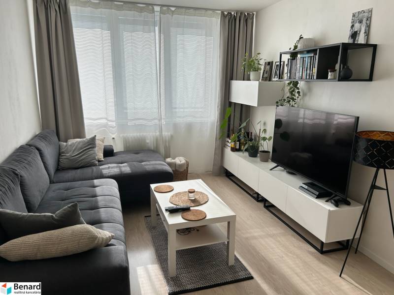 Wohnzimmer in einer Zweizimmerwohnung mit Sofa und Tisch, Böden mit Holzdekor.