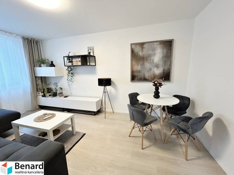 Innenraum einer 2-Zimmer-Wohnung mit Tisch, Stühlen und Dekorationen, Boden mit Holzdekor.