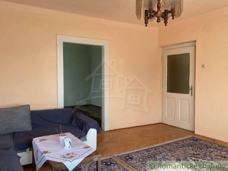 Wohnzimmer in einem Einfamilienhaus mit Holzboden, Sofa und Teppich.