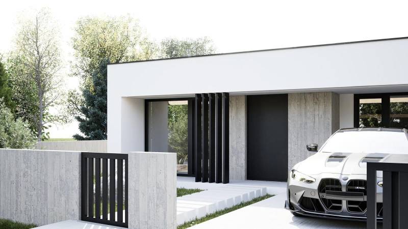 Einstöckiges Einfamilienhaus in Nesvady mit einem BMW auf der Auffahrt.