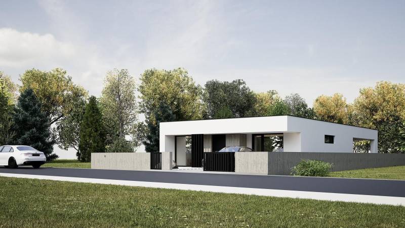 Ein Einfamilienhaus in Nesvady mit minimalistischem Design, umgeben von Grün.